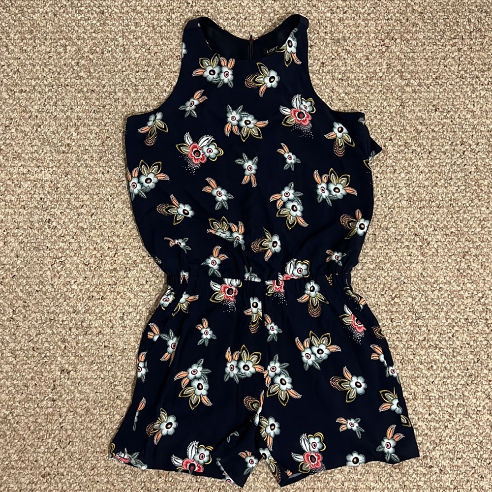 Loft ruffle back sleeveless romper navy blue floral xs